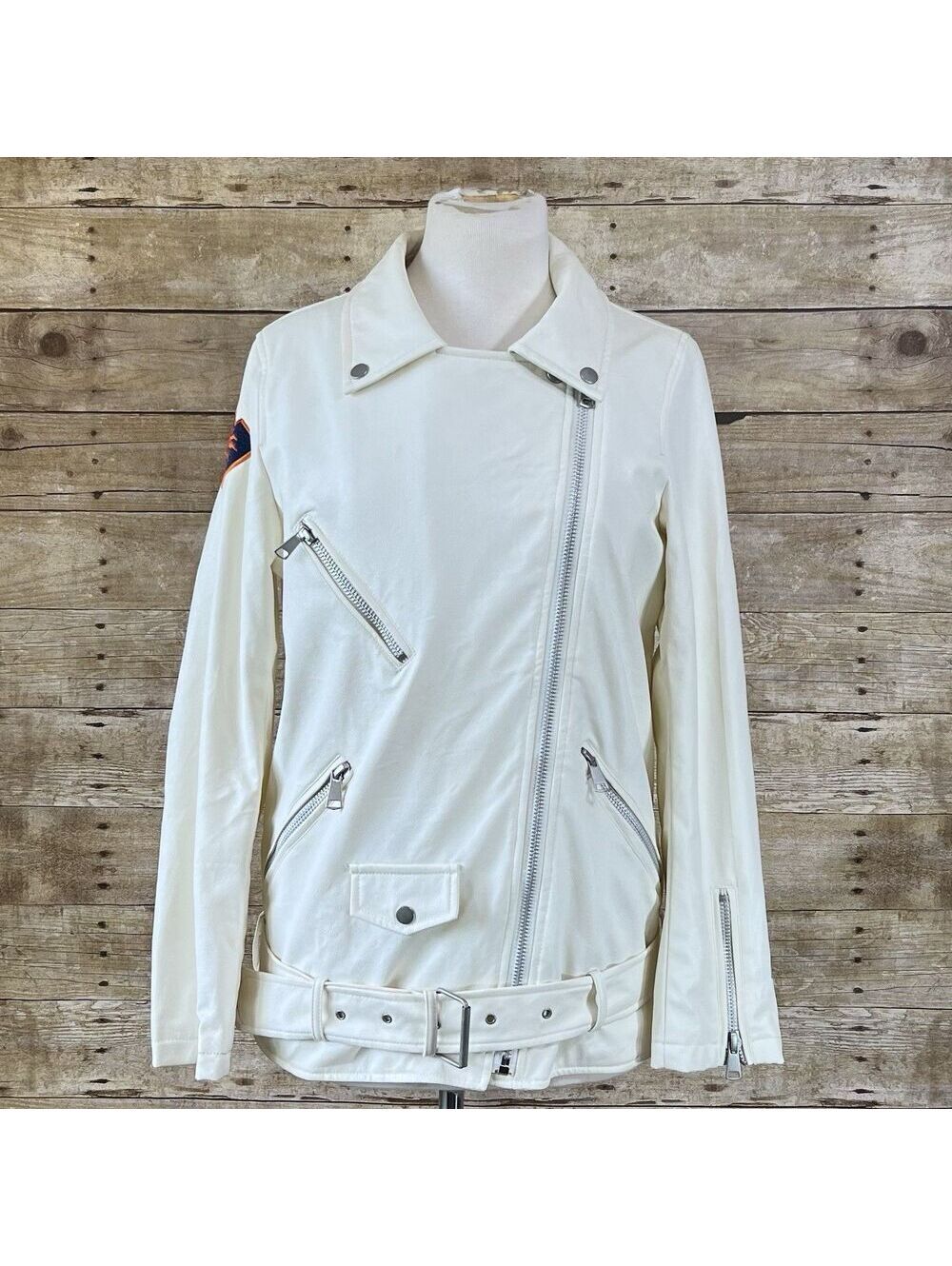 Froden Women's White Cream Faux Leather Moto Jacket with Varsity Patches, Size 2